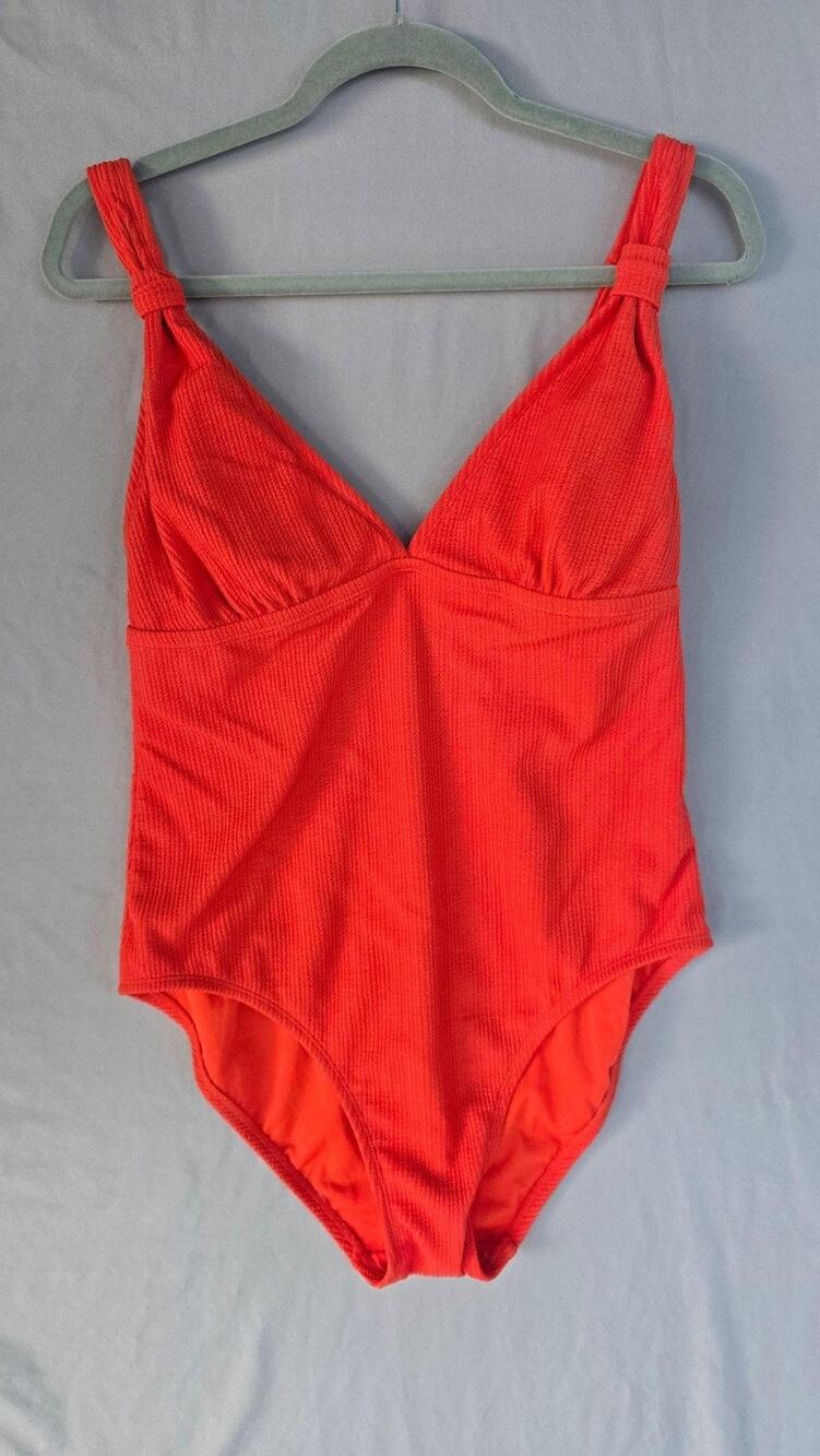 Shade & Shore Swimsuit Womens Large Orange Textured One Piece Knot Strap V Neck